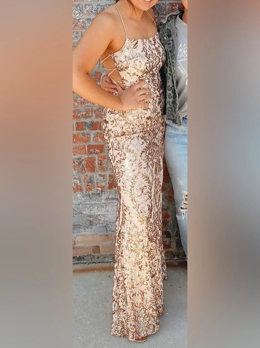 Windsor Rose Gold Sequin Spaghetti-Strap Prom Gown - Picture 3 of 3